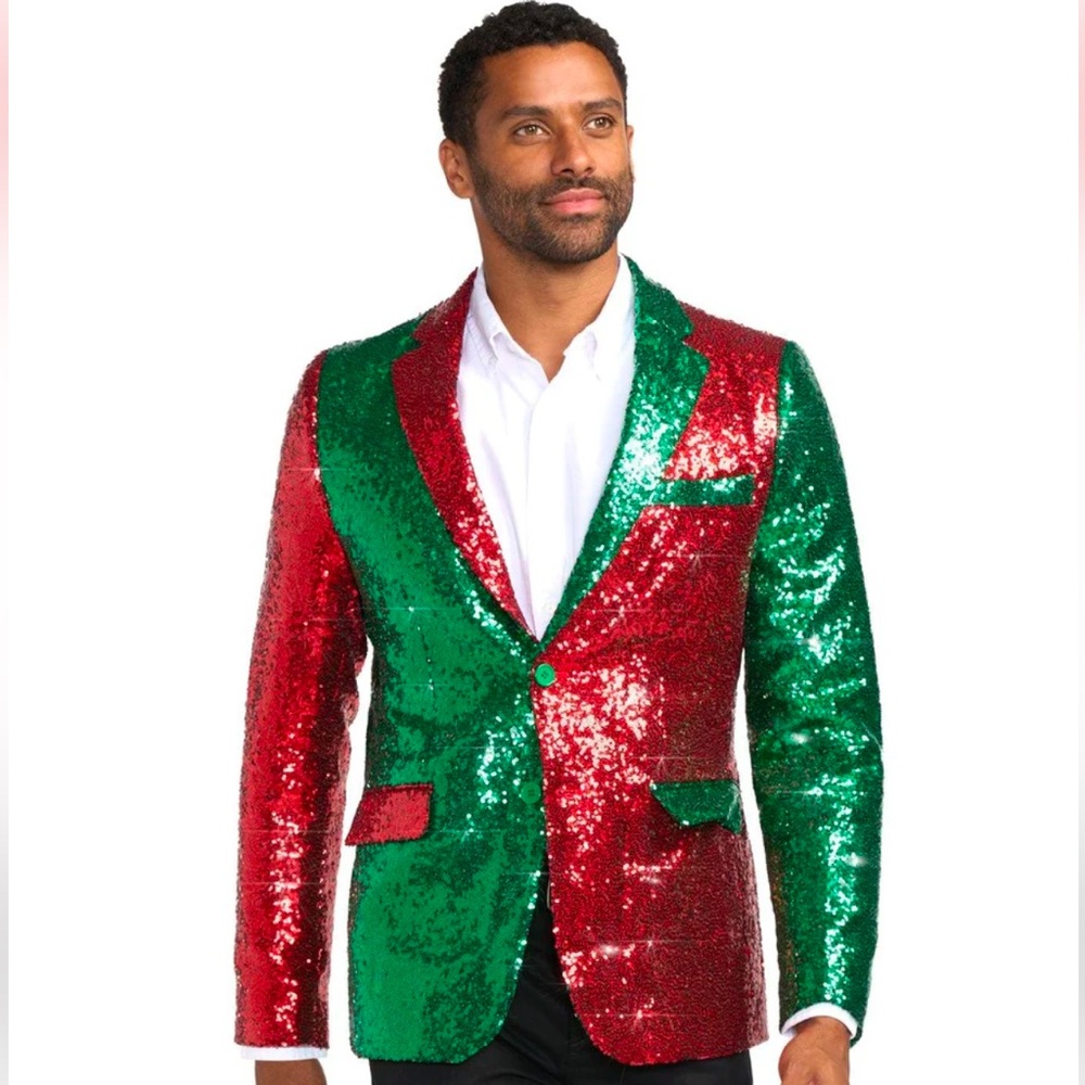 NWT Tipsy Elves Men’s Festive Red and Green Sequin Blazer in size XL